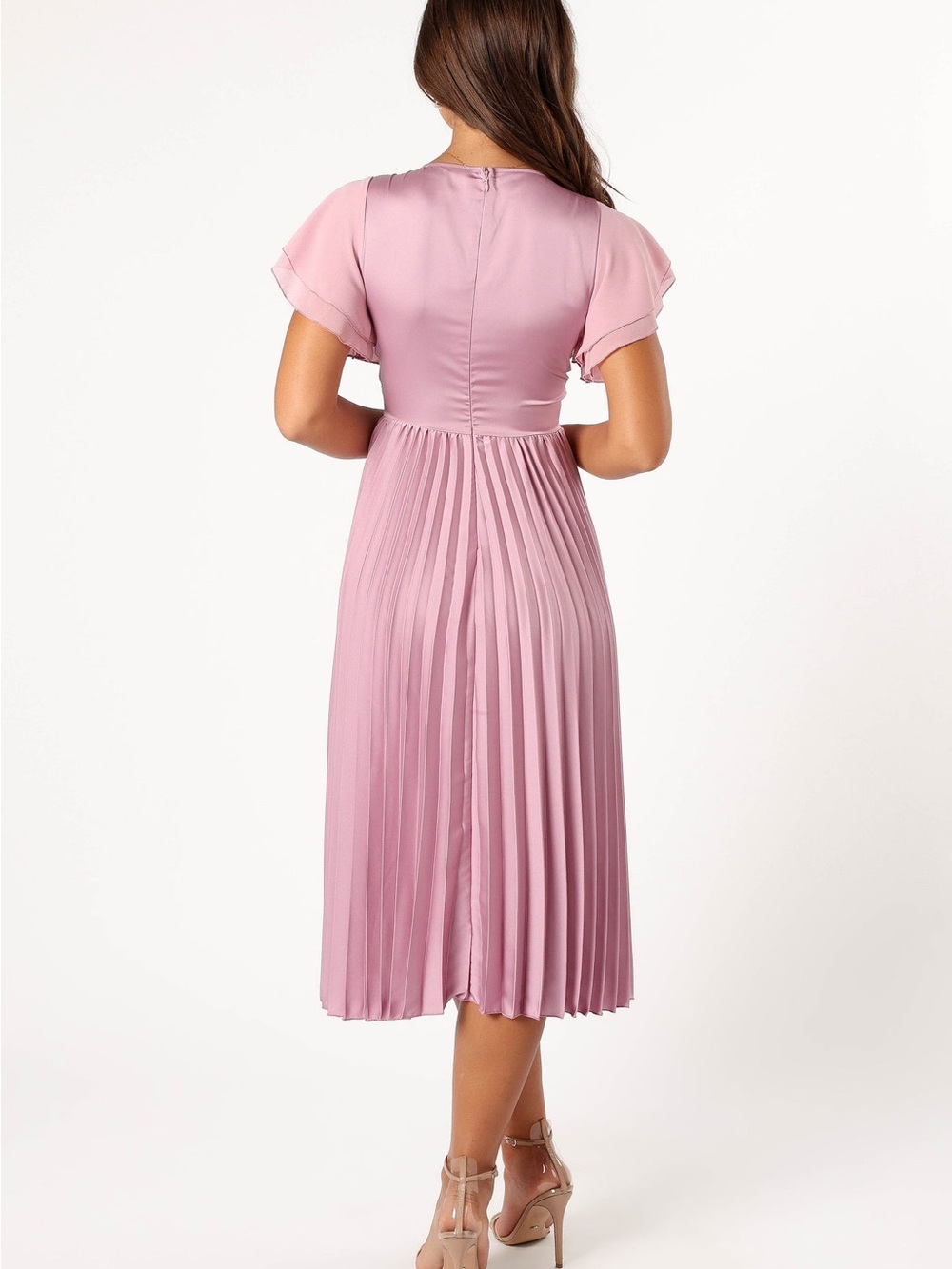 NWOT Dusty Rose Pleated Flutter Sleeve Midi Dress - Picture 7 of 15